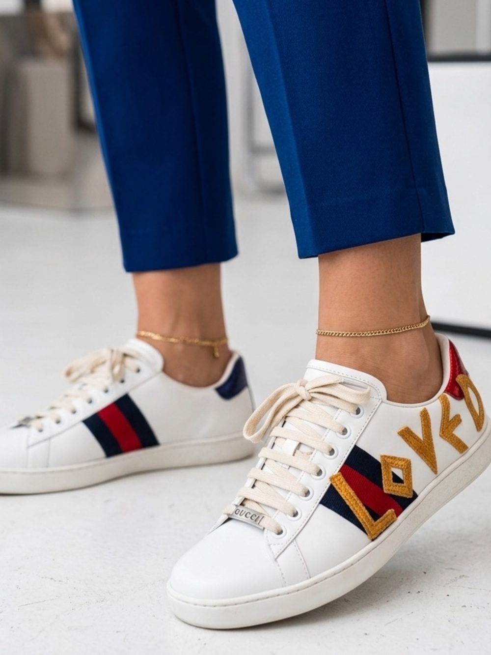 GUCCI Italy Leather Sneakers with Gold 'LOVED' Embroidery